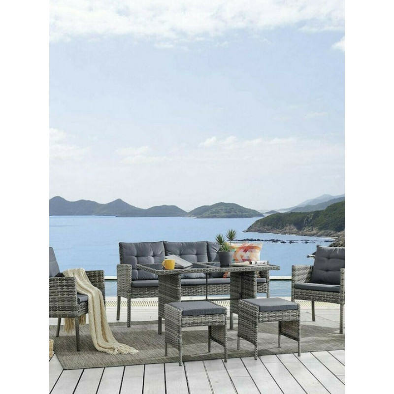 JOCKEY Set Dining Καθιστικό: Τραπέζι+3Θέσιος+2 Πολυθρόνες+ 2 Σκαμπό, Μέταλλο, Wicker Γκρι Κωδικός: [Ε-00023806] Ε6754